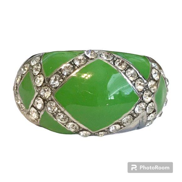 Vintage Green Enamel Cocktail Ring Silver Plated Crystal Rhinestone Size 8 Boho - Picture 1 of 13
